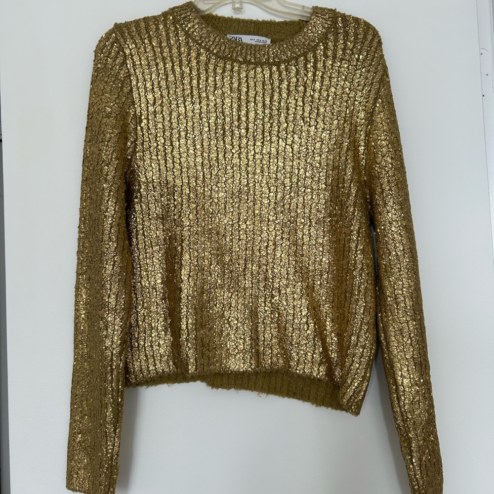 Metallic Gold Zara Ribbed Crewneck Sweater